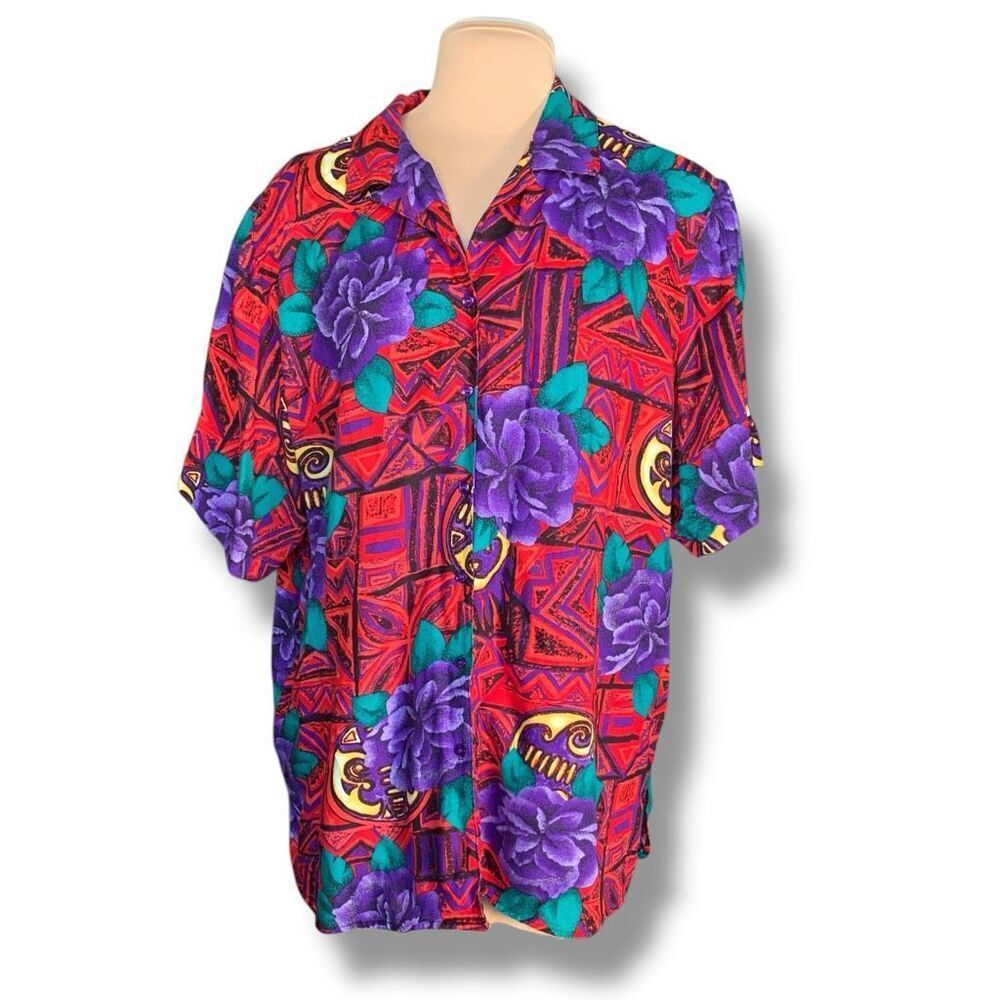 Vintage Partners USA Top Bold Floral Fuchsia Pink Geometric Print Rayon Shirt 3X